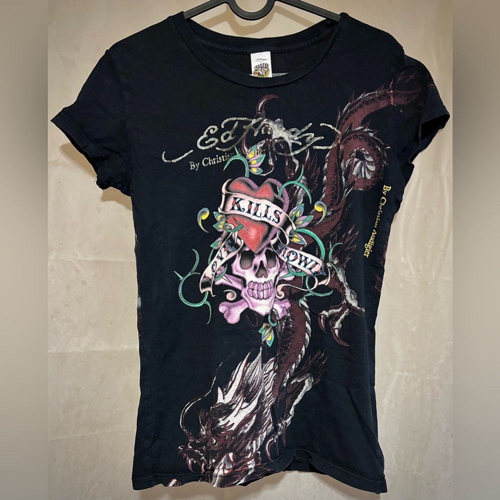 Ed Hardy-By Christian Audgier-Vintage Y2K-Love Kills Slowly-Skull&Dragon-T Shirt